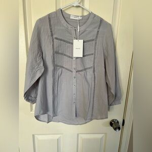MAYE Paloma Shirt Slate Gray Ladder Lace Button Front Top Size M NWT